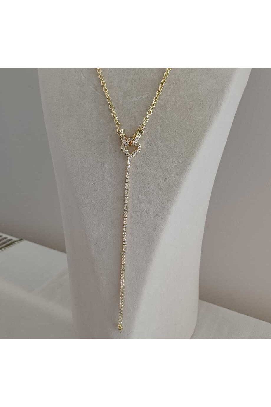 Zirkon Taşlı Gold Yonca ve Suyolu Temalı Kadın Y Kolye