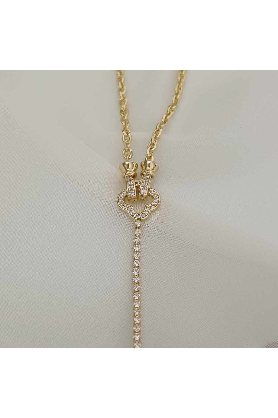 Zirkon Taşlı Gold Yonca ve Suyolu Temalı Kadın Y Kolye