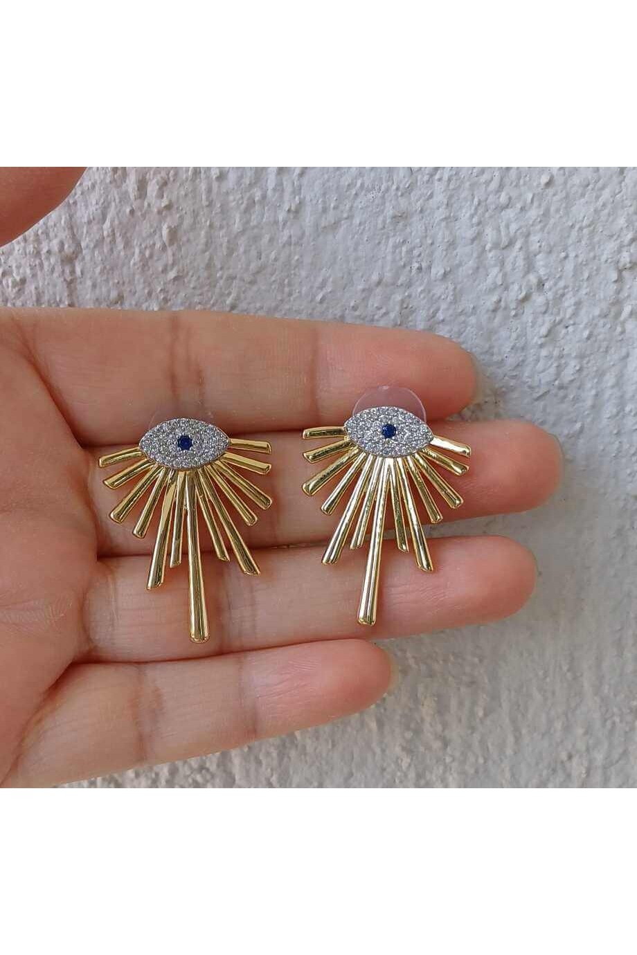 Zirkon Taşlı Göz Temalı Gold Kadın Küpe